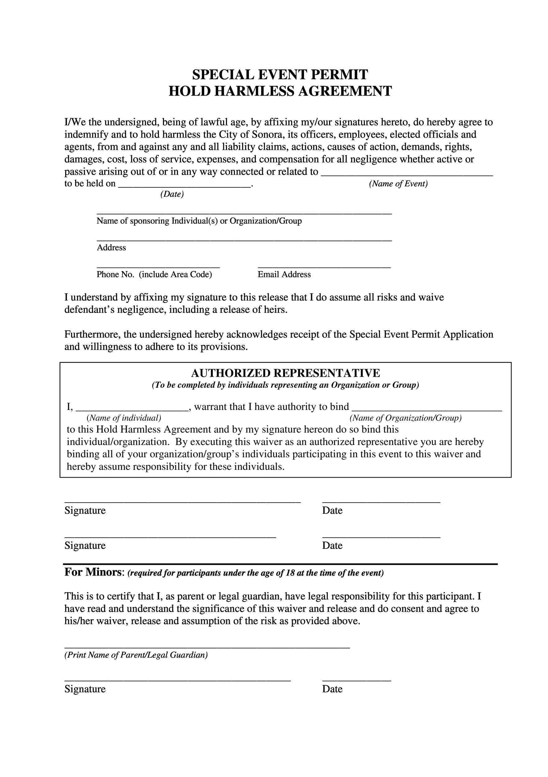 Contractor Printable Hold Harmless Agreement Template