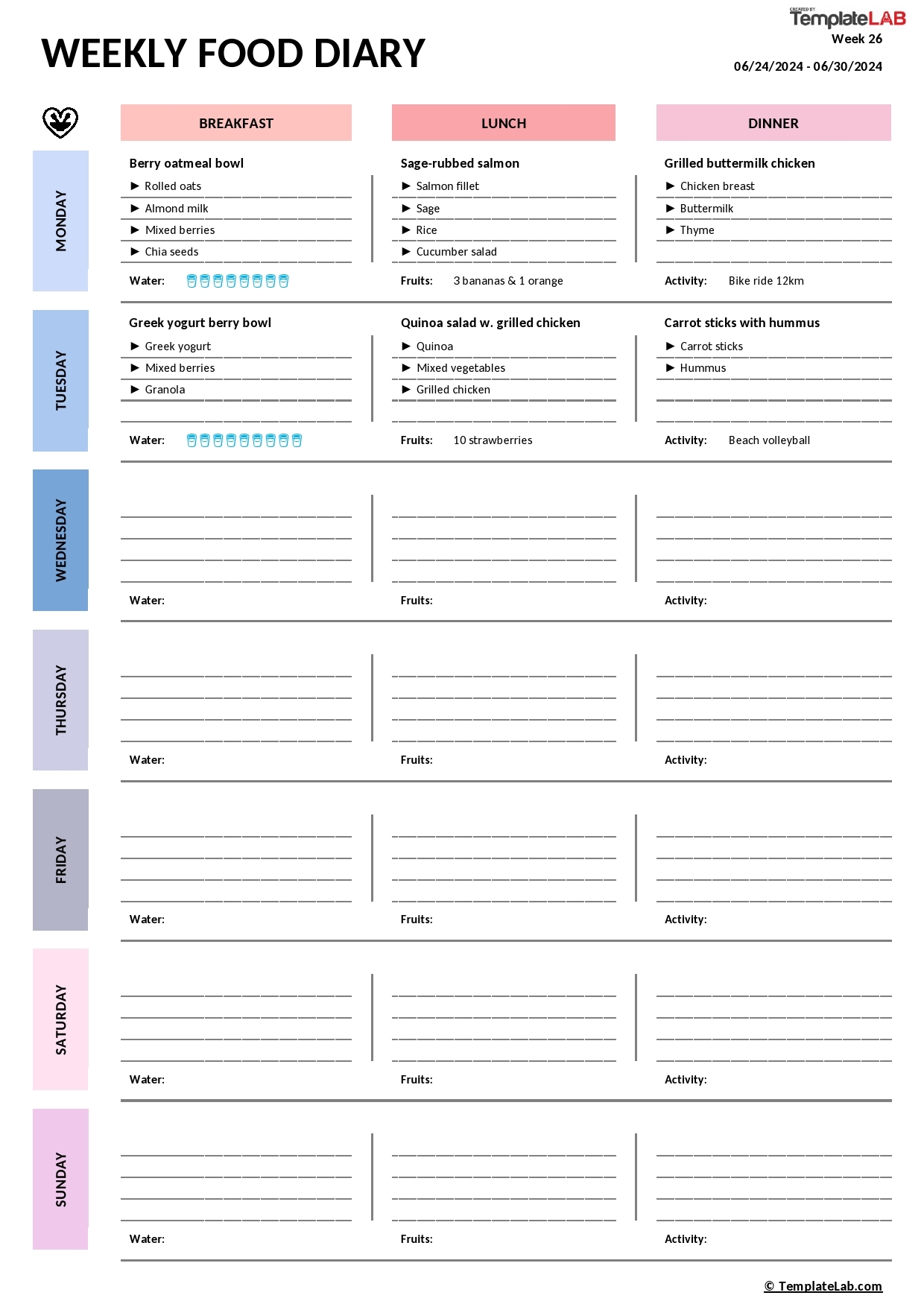 Free Printable Food Diary Template Free Printable Food Diary Template