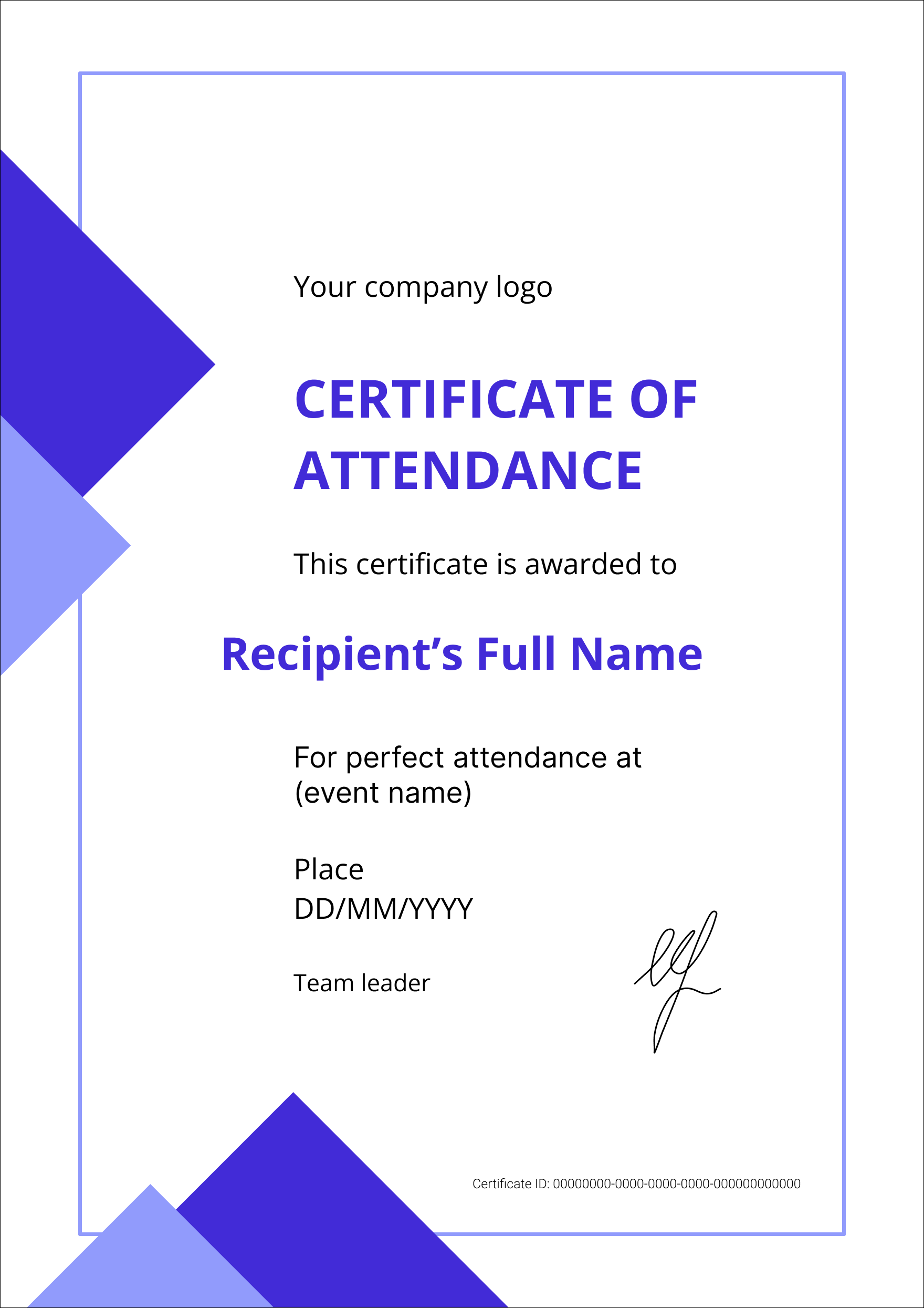 Editable Free Printable Certificate Of Attendance Template