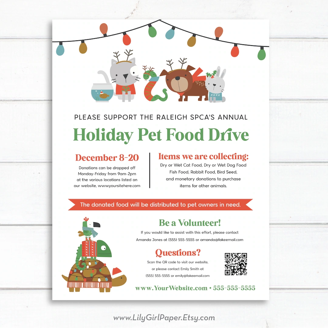 Bearbeitbare Weihnachtsferien Pet Food Drive Flyer Vorlage 8 5 X