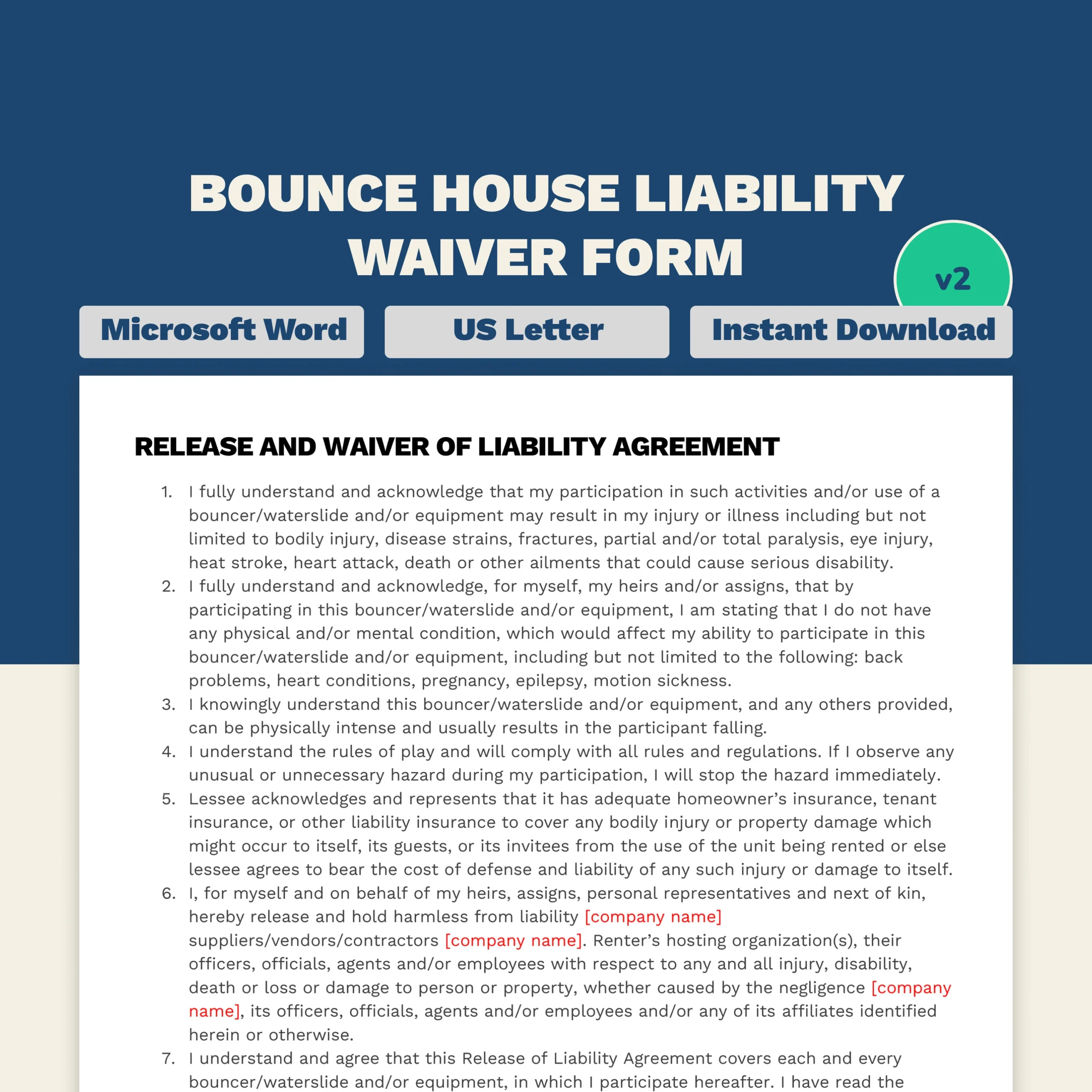 Bounce House Waiver Of Liability Form Letter Size Word Template 