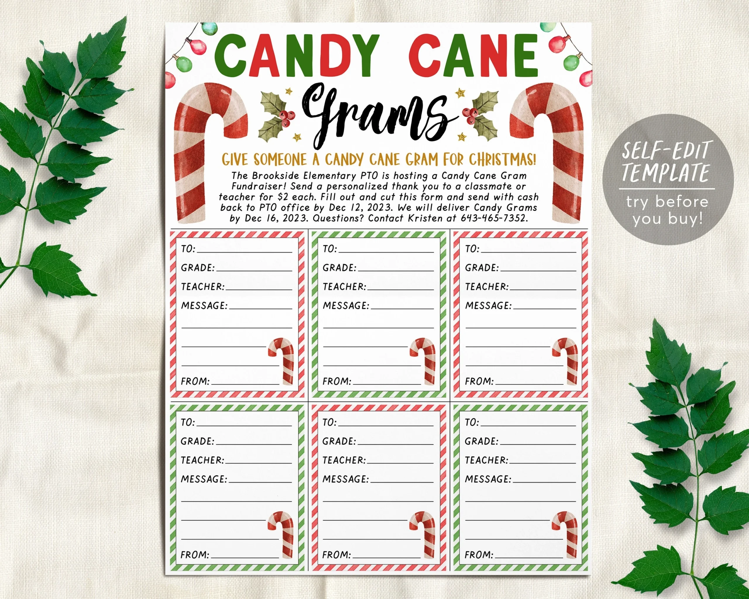 Christmas Candy Cane Gram Flyer Editable Template Holiday Candy Gram Fundraiser Event PTA PTO School Church Community Winter Printable