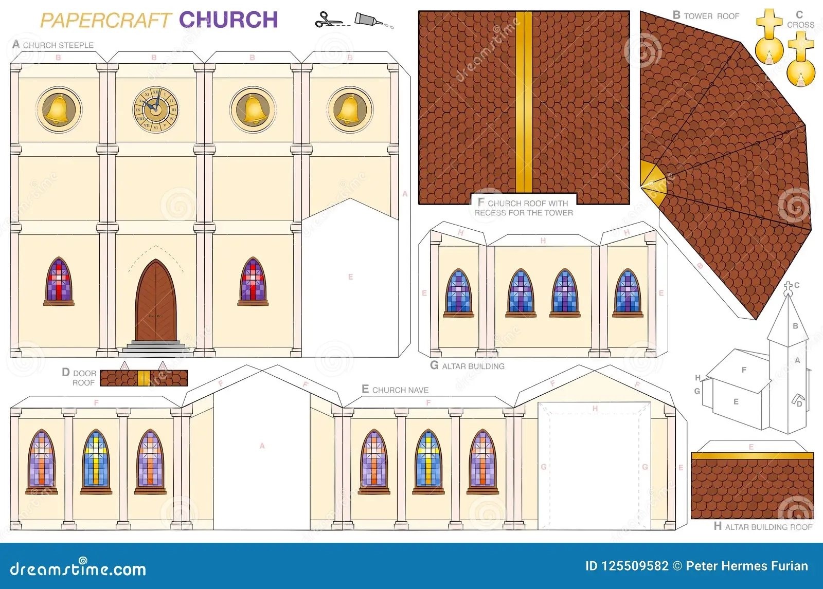 Church Building Paper Craft Template Stock Vector Illustration