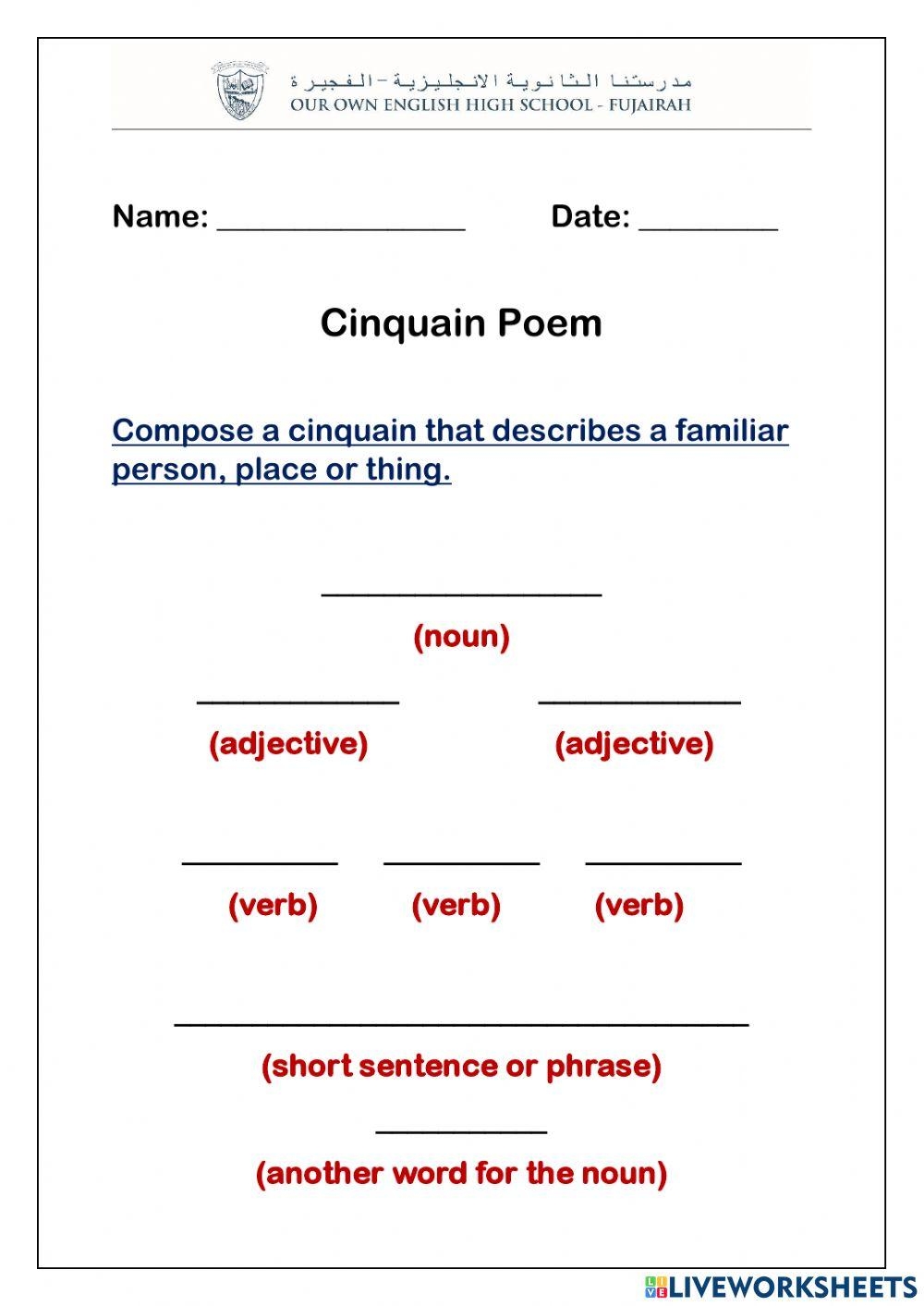 Cinquain Poem Interactive Worksheet Live Worksheets Worksheets 