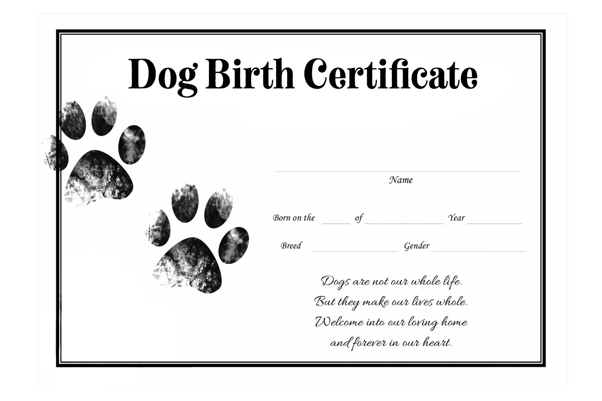 Dog Birth Certificate For Girl Or Boy Puppy Gender Neutral 
