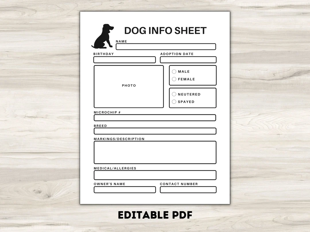 Dog Care Sheet Pet Information Vet amp Sitter Notes editable PDF 