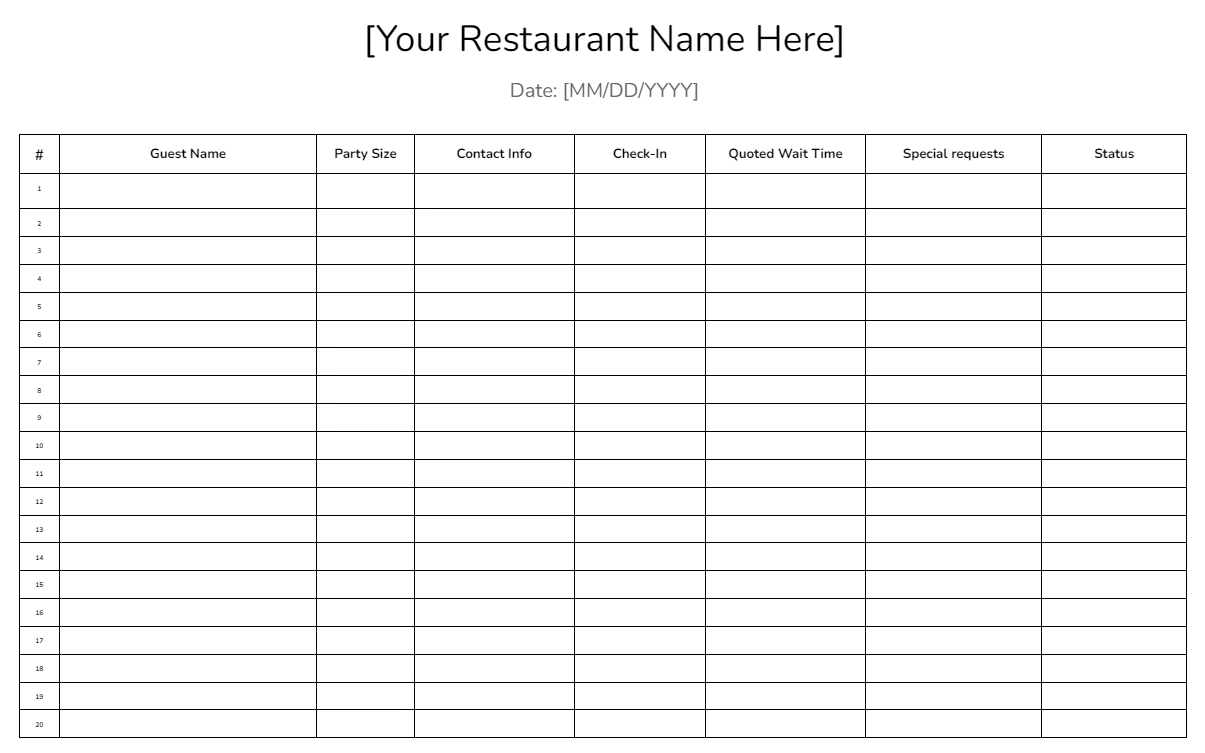 Easy Waitlist Template For Restaurants FREE