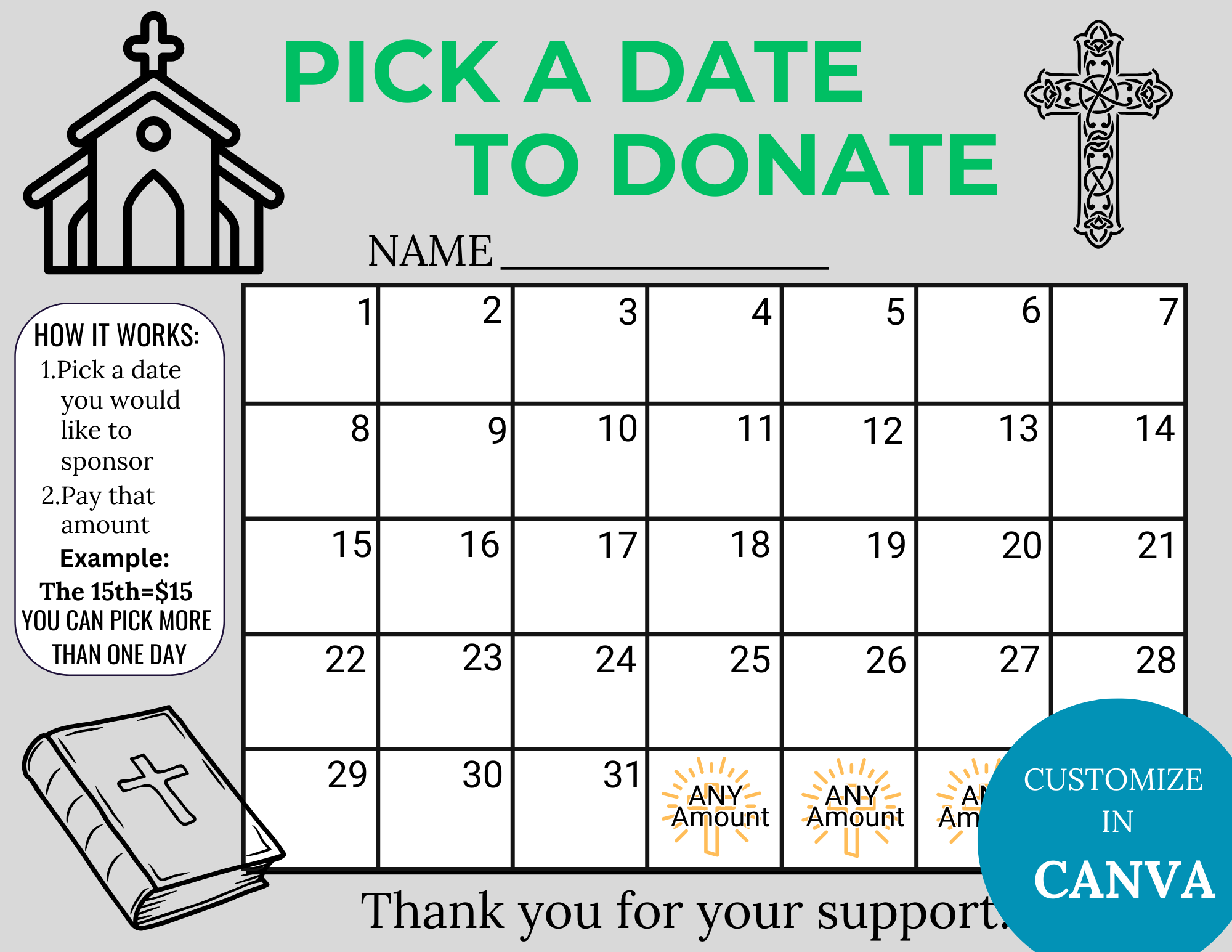 Editable Church Pick A Date To Donate Calendar Fundraiser INSTANT 