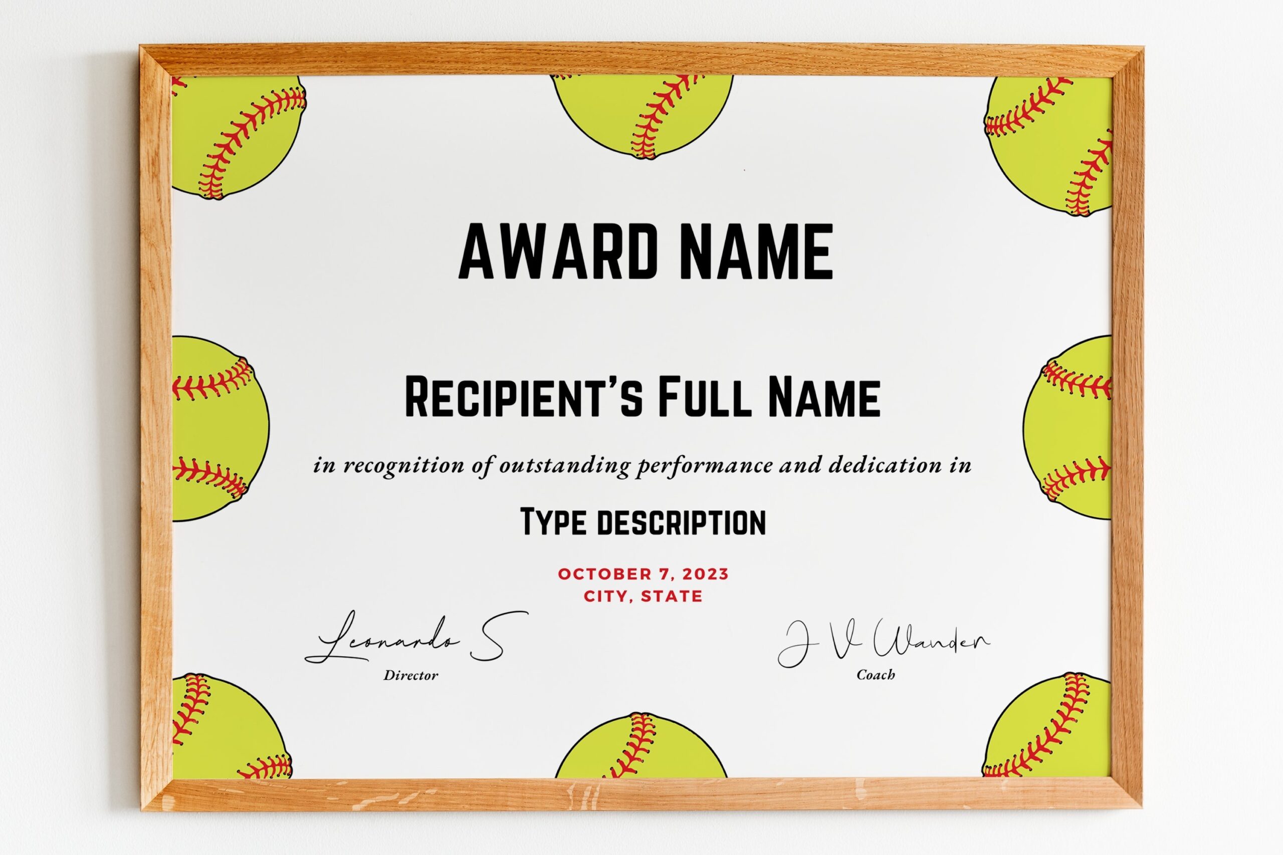 Editable Softball Award Certificate Template Printable