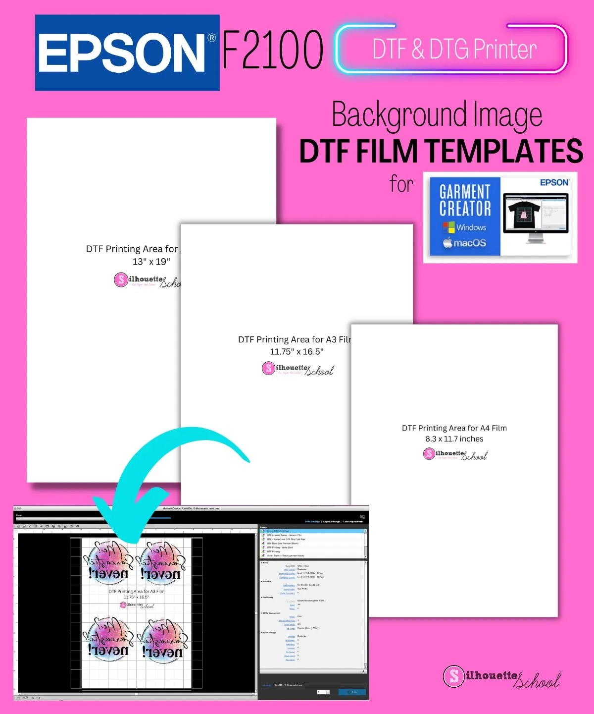 Epson F2100 DTF Transfer Templates 3 Sizes Free Download 