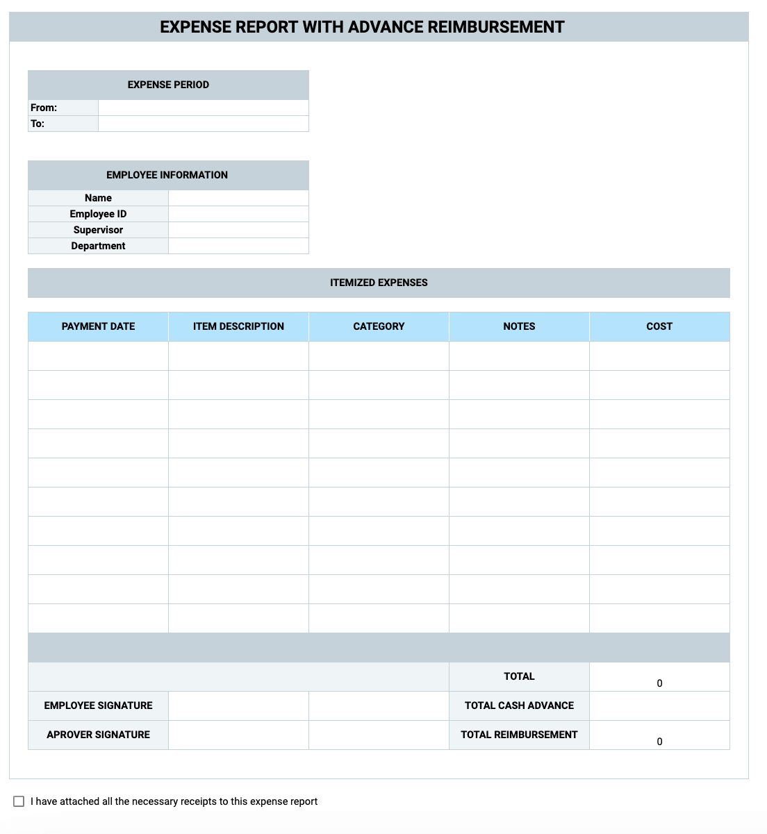 Expense Report Template Printable