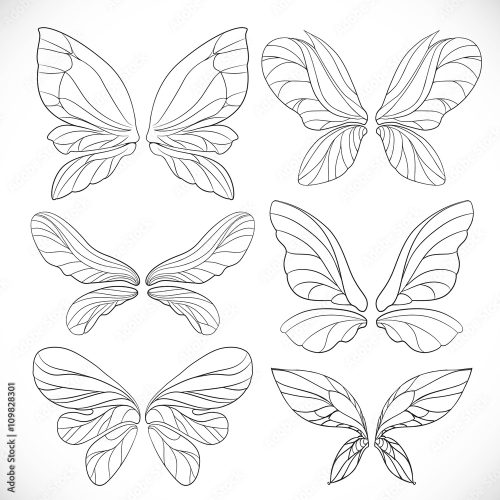 Fairy Wings Outlines Set Isolated On A White Background Stock