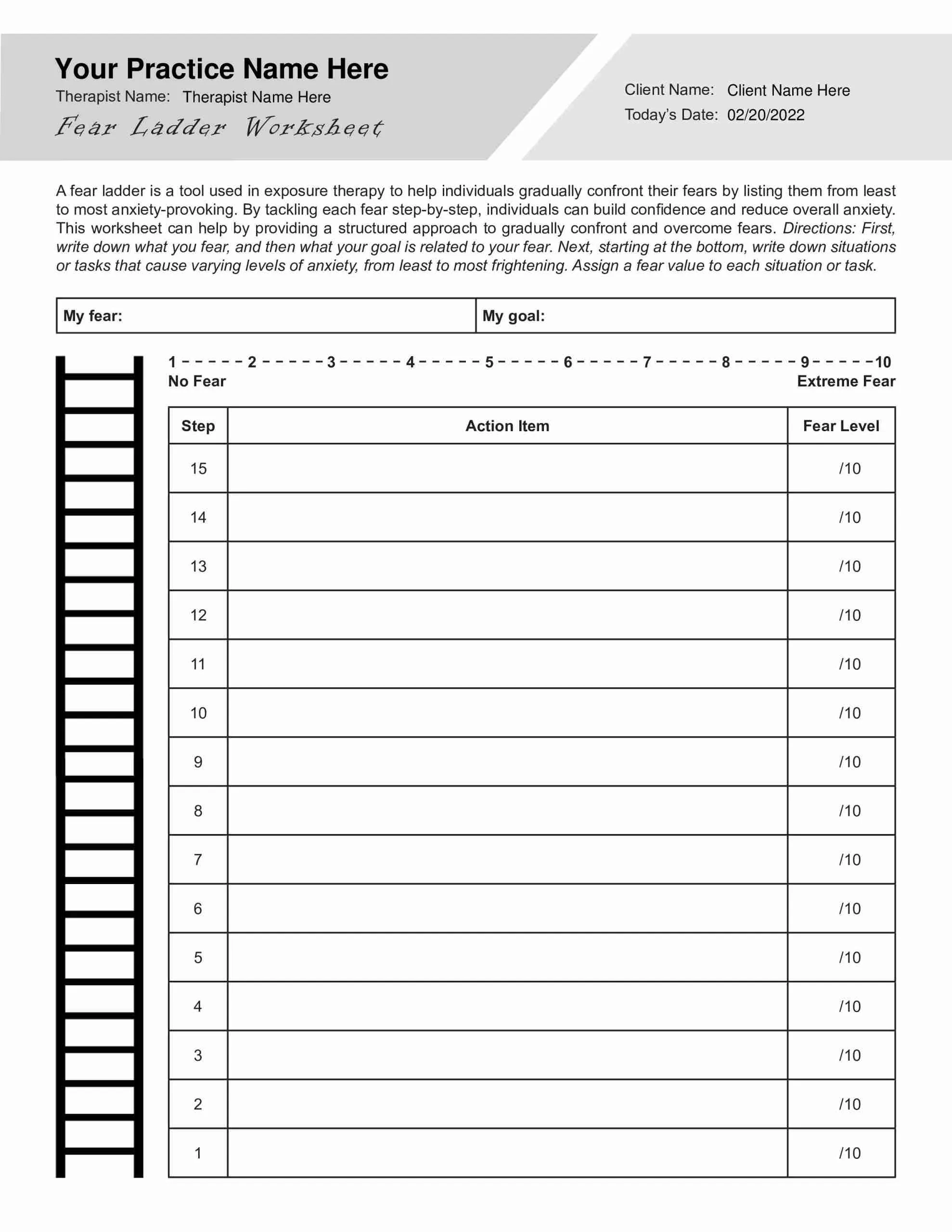 Fear Ladder Worksheet Editable Fillable Printable PDF
