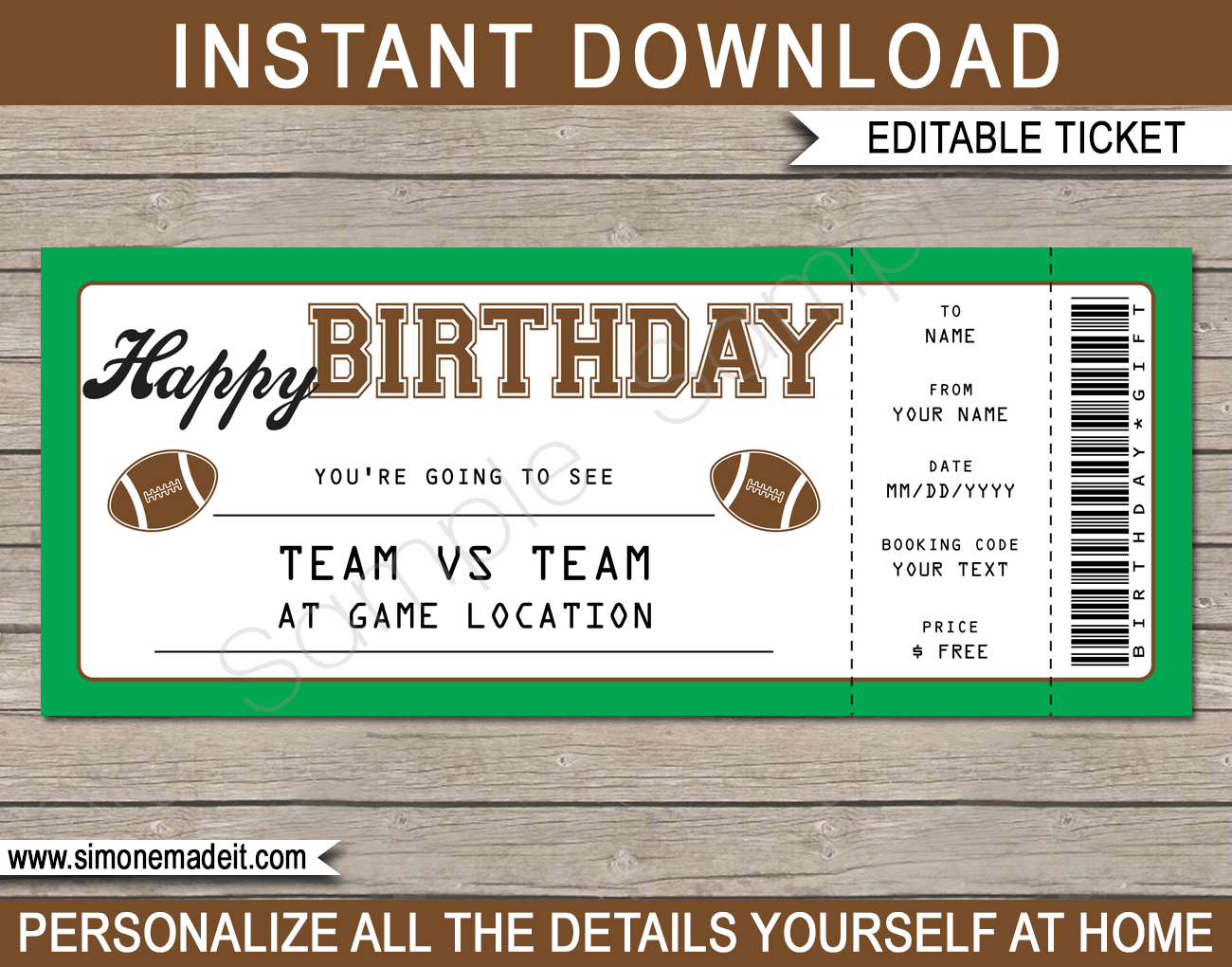 Football Game Ticket Birthday Gift Voucher Printable Ticket Template