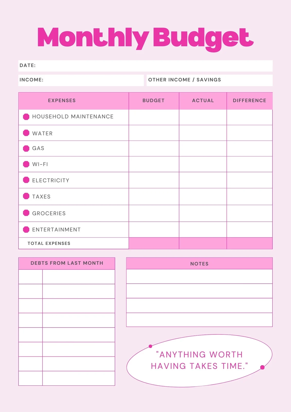 Free Printable Simple Monthly Budget Template