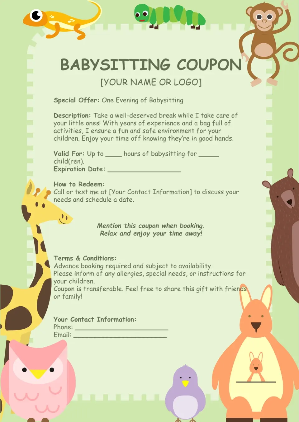 Free Babysitting Coupon Template For Google Docs Free Babysitting Coupon Template For Google Docs