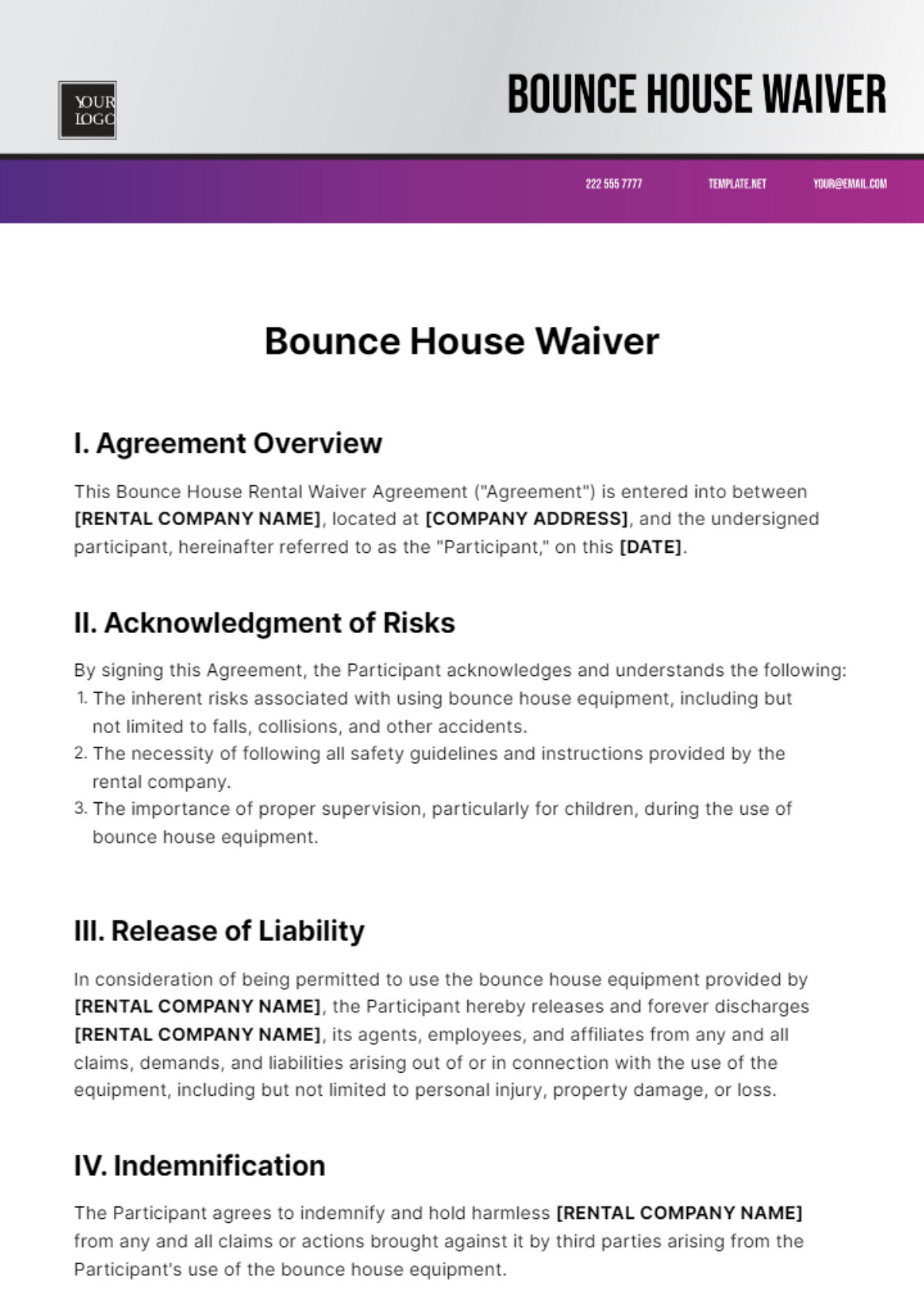 Printable Bounce House Waiver Template