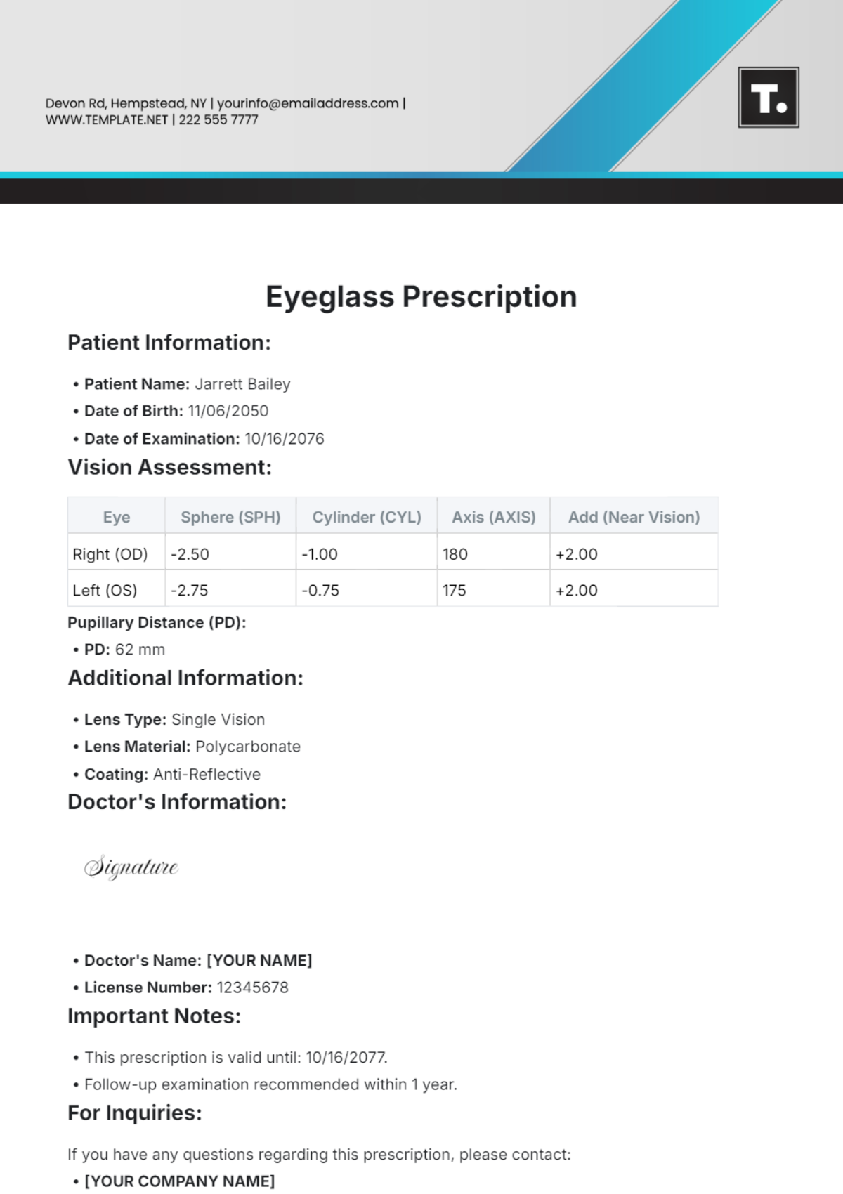 Free Eyeglass Prescription Template To Edit Online