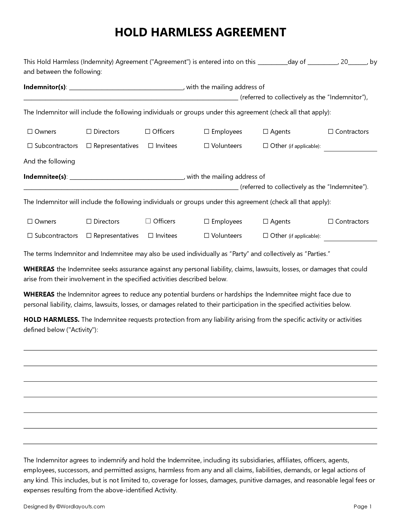 Free Hold Harmless Agreement Word amp Google Docs