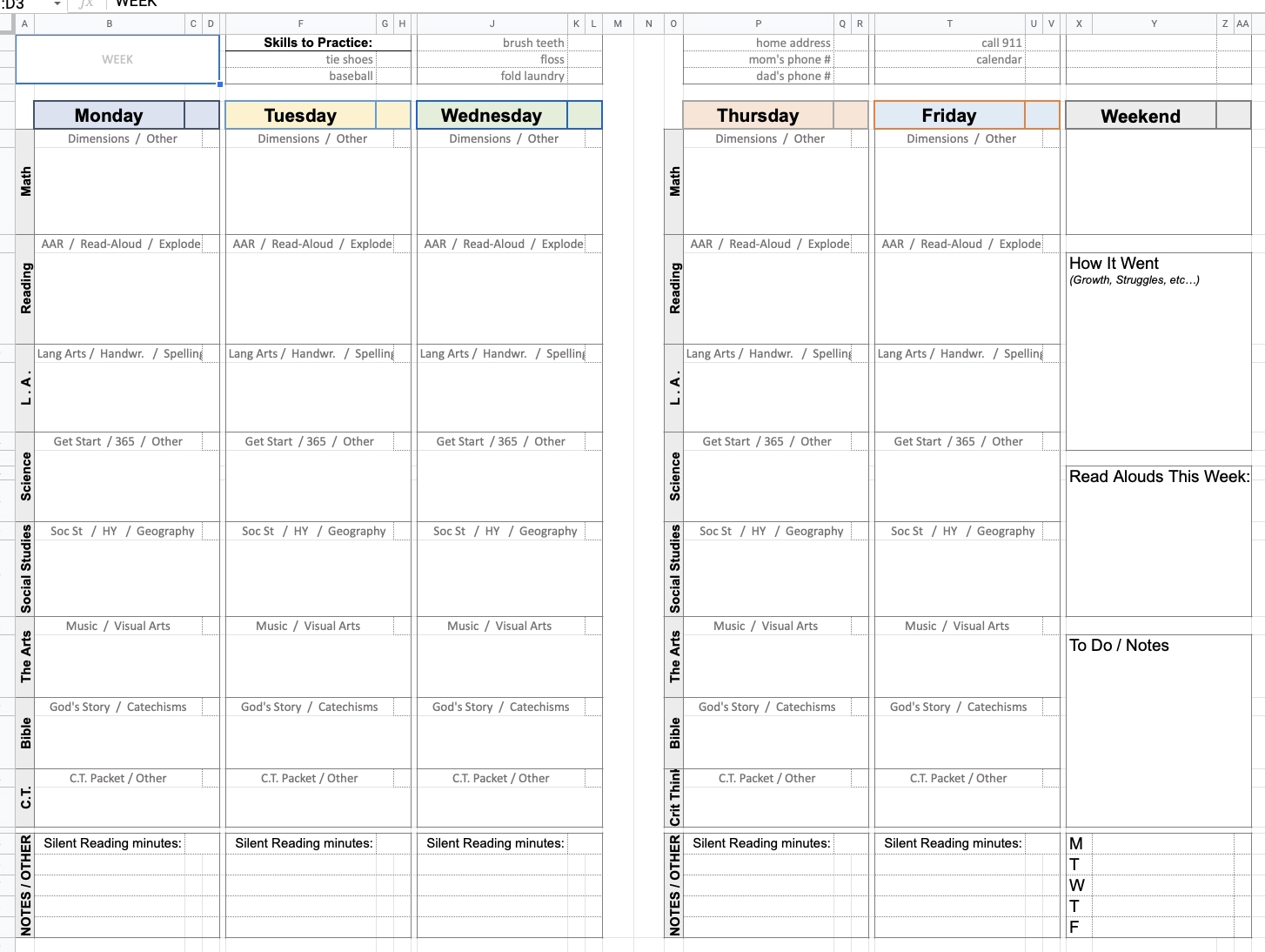 Free Homeschool Lesson Plan Template In Google Sheets Printable 