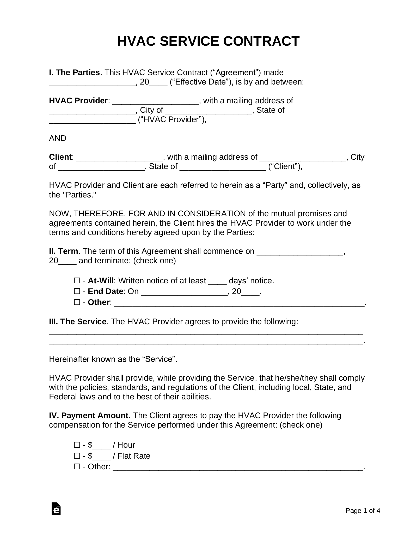 Free HVAC Service Contract Template PDF Word EForms