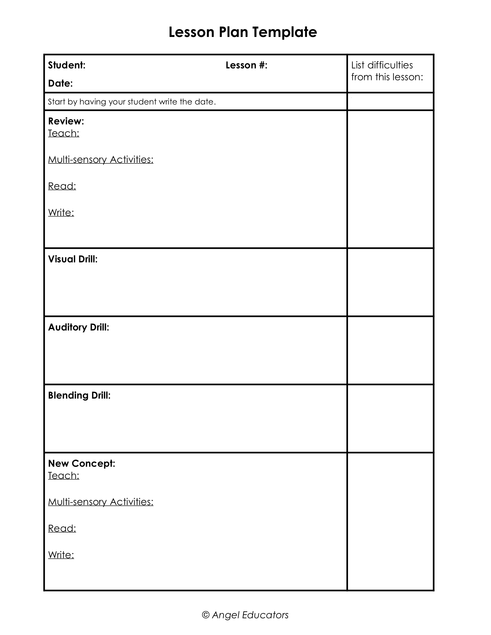 Downloadable Printable Lesson Plan Template