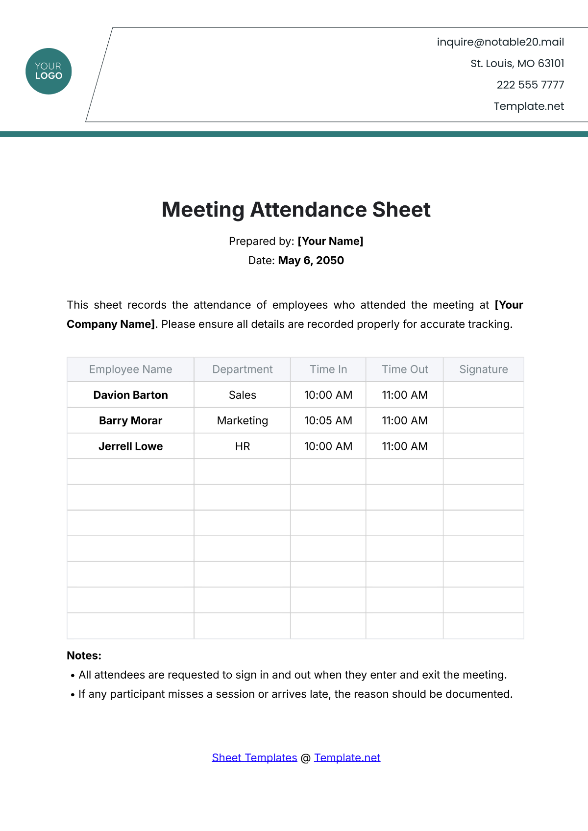 Printable Meeting Attendance Sheet Template