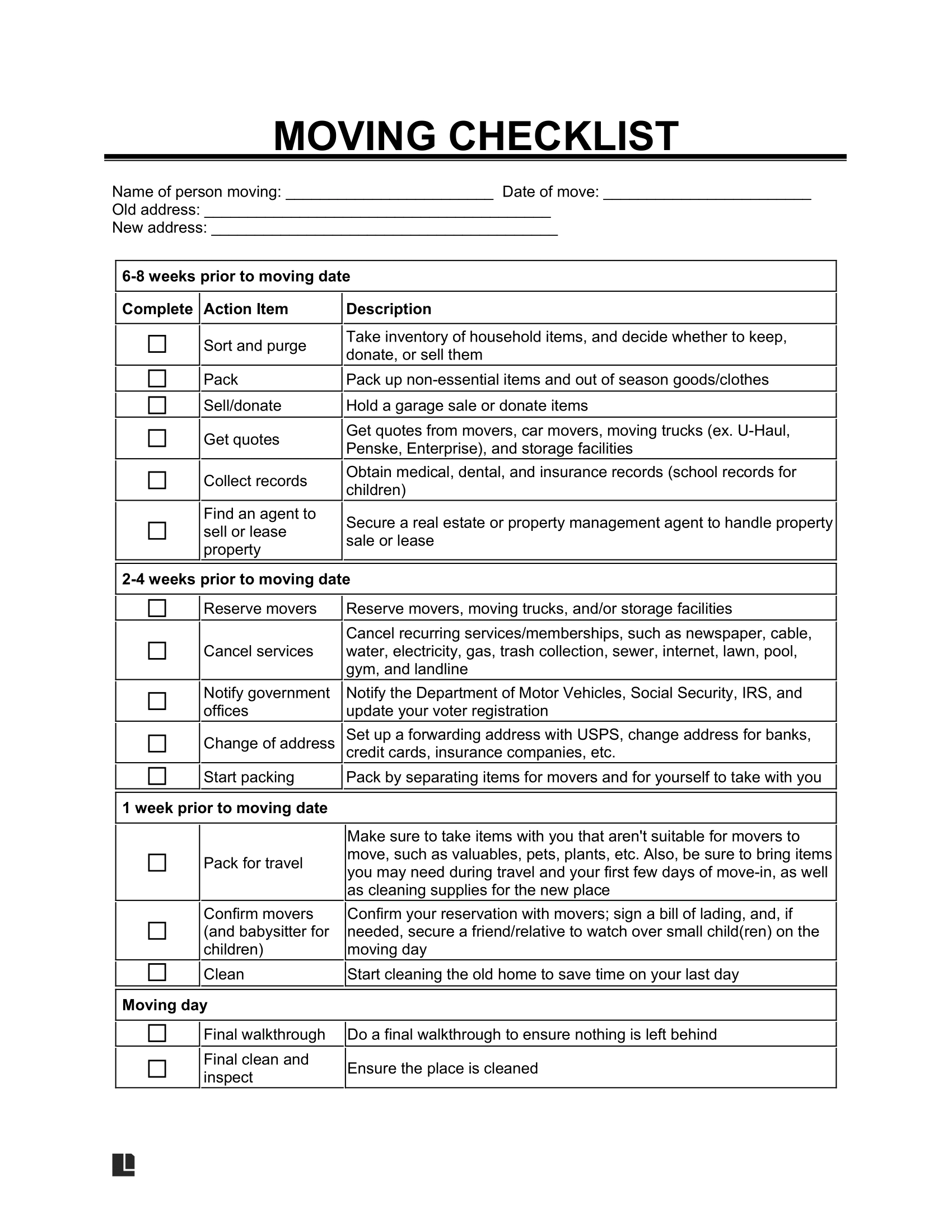 Free Moving Checklist Template Printable PDF amp Word Free Moving Checklist Template Printable PDF amp Word