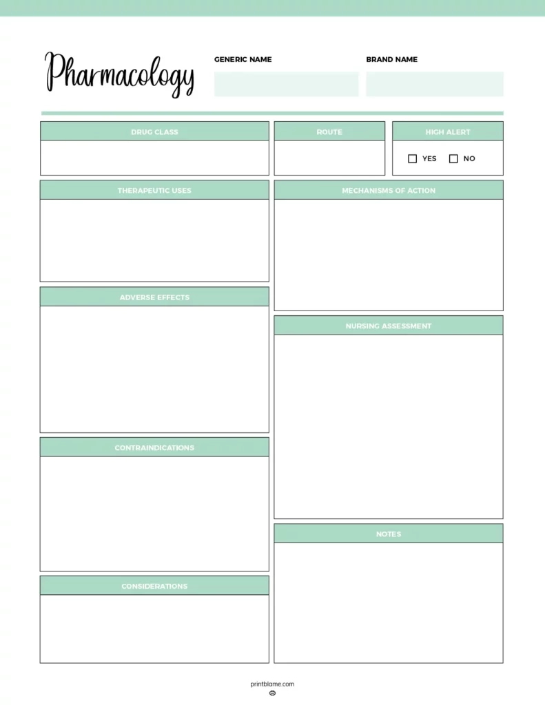 Free Printable Pharmacology Drug Card Template