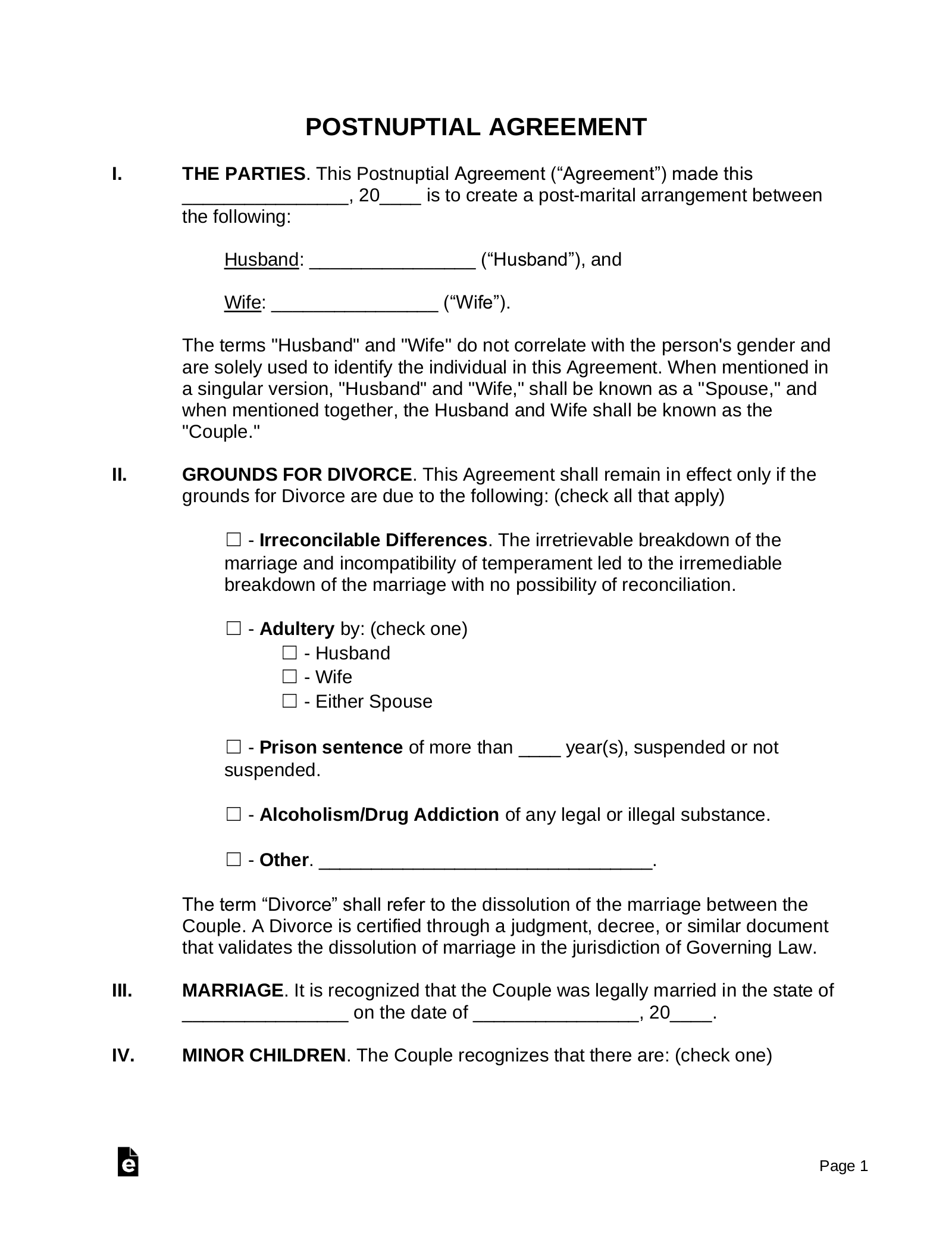 Free Postnuptial Agreement Form PDF Word EForms