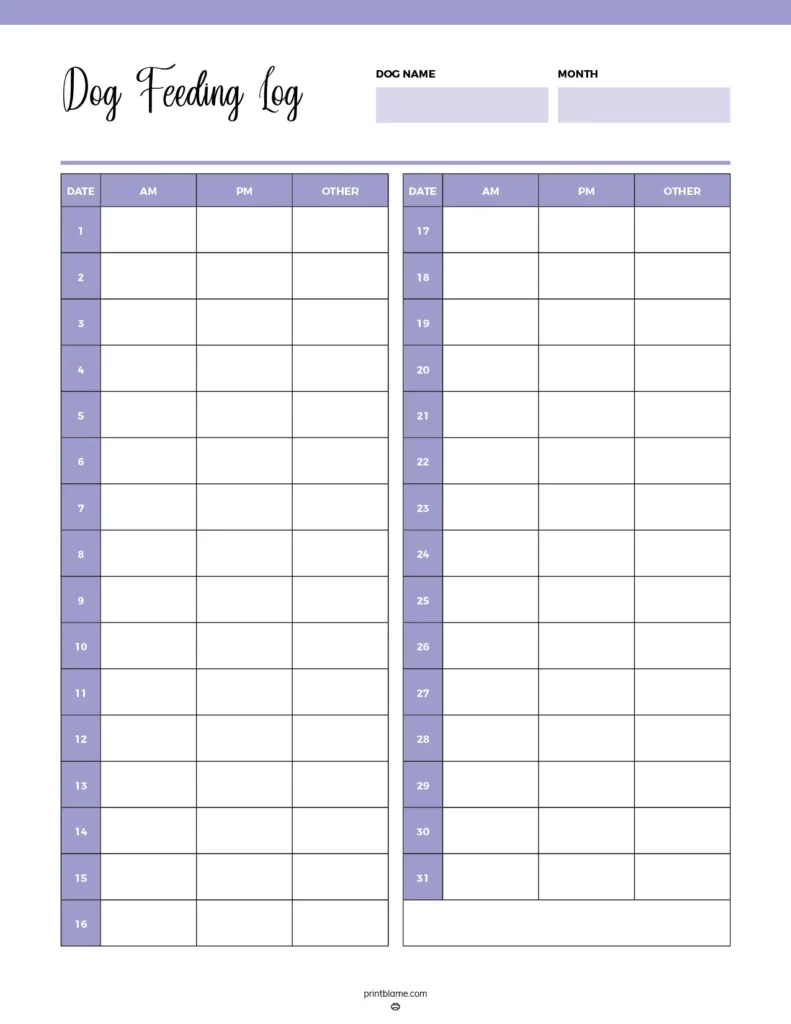 FREE Printable Dog Feeding Charts 16 Dog Food Tracker PDFs