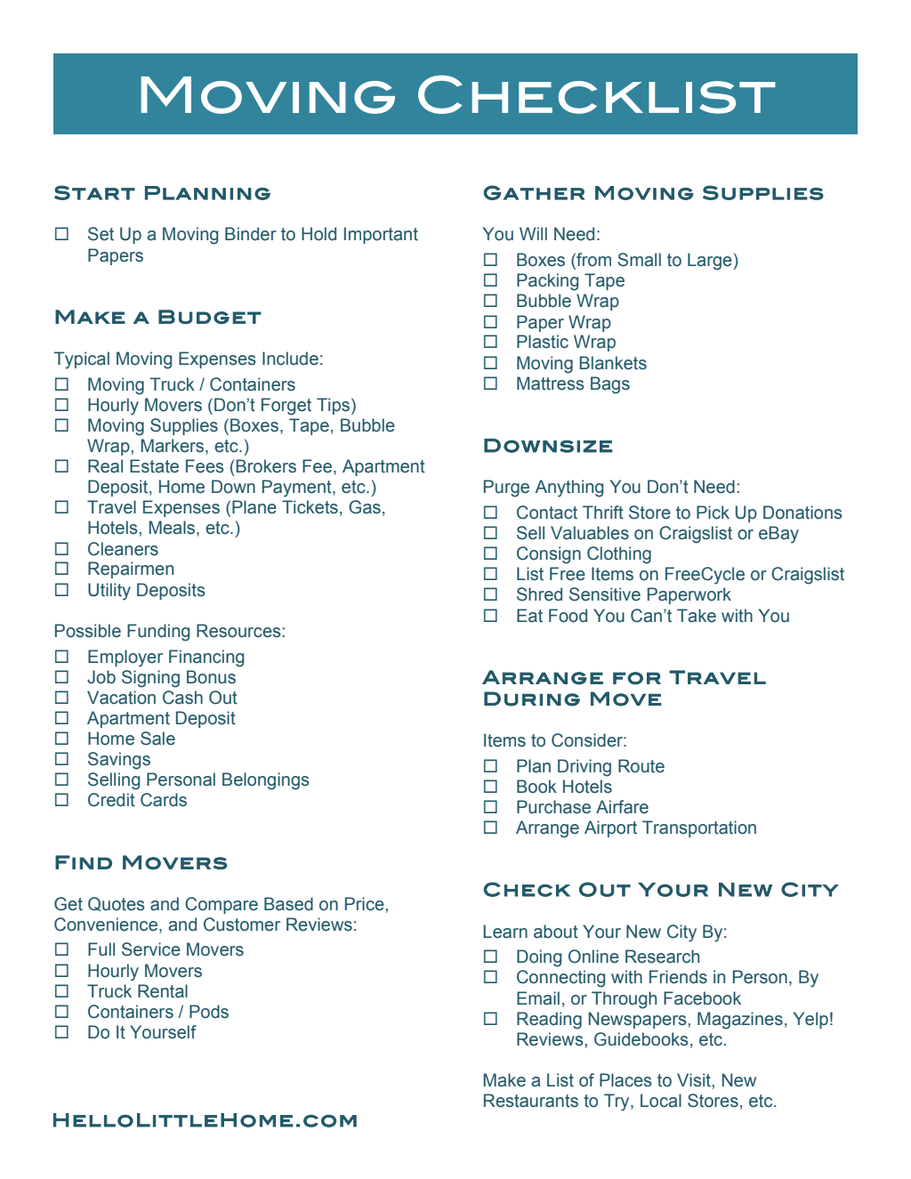 Free printable moving checklist pdf Worksheets Library