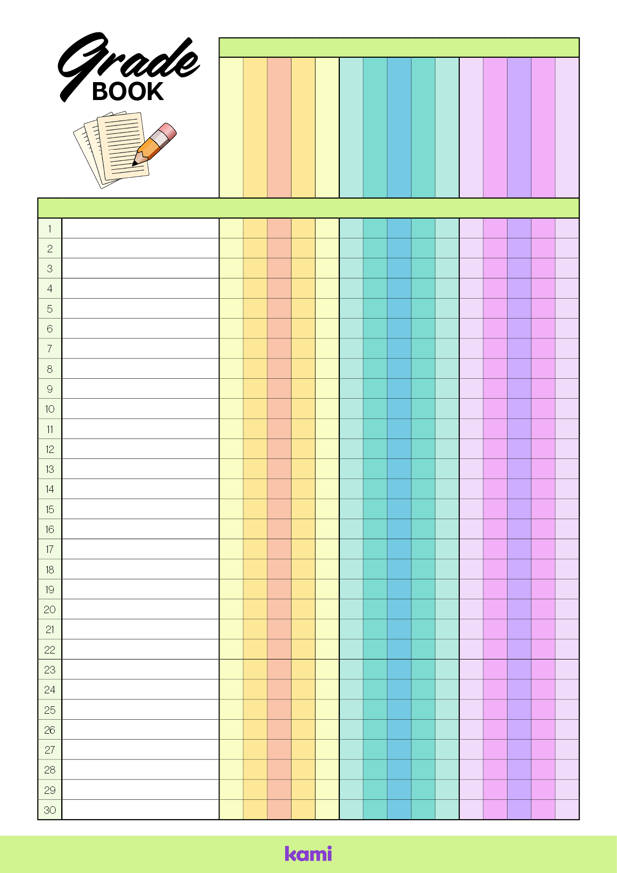 Gradebook 30 Lines Colorful Blank For Teachers Perfect For