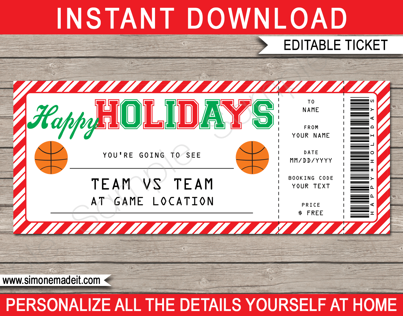 Holidays Basketball Ticket Gift Voucher Printable Basketball 