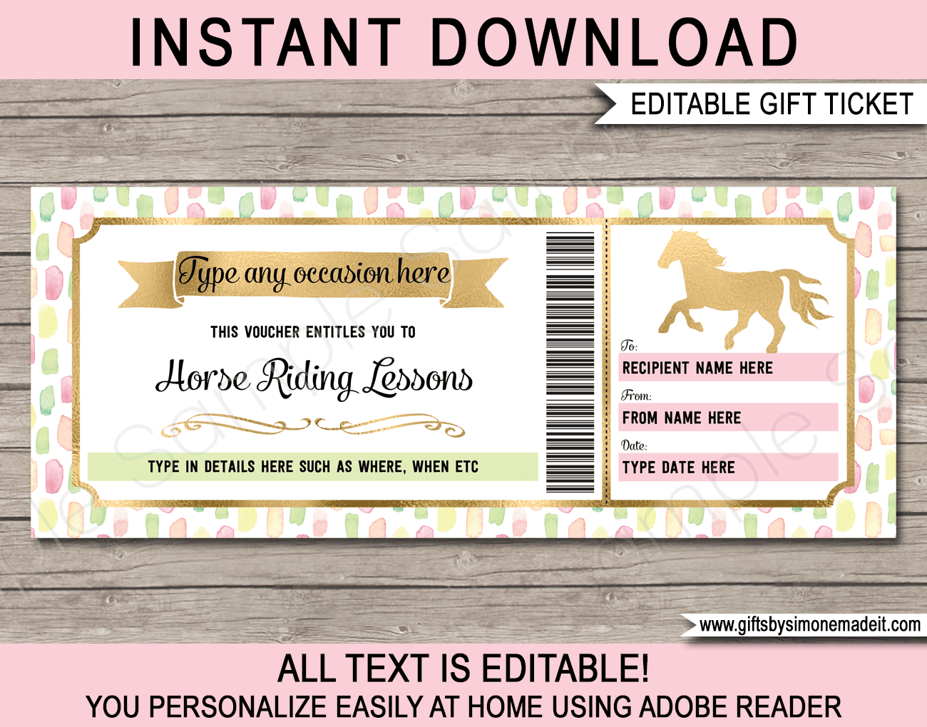 Horse Riding Lessons Gift Voucher amp Sleeve Pretty Pastel