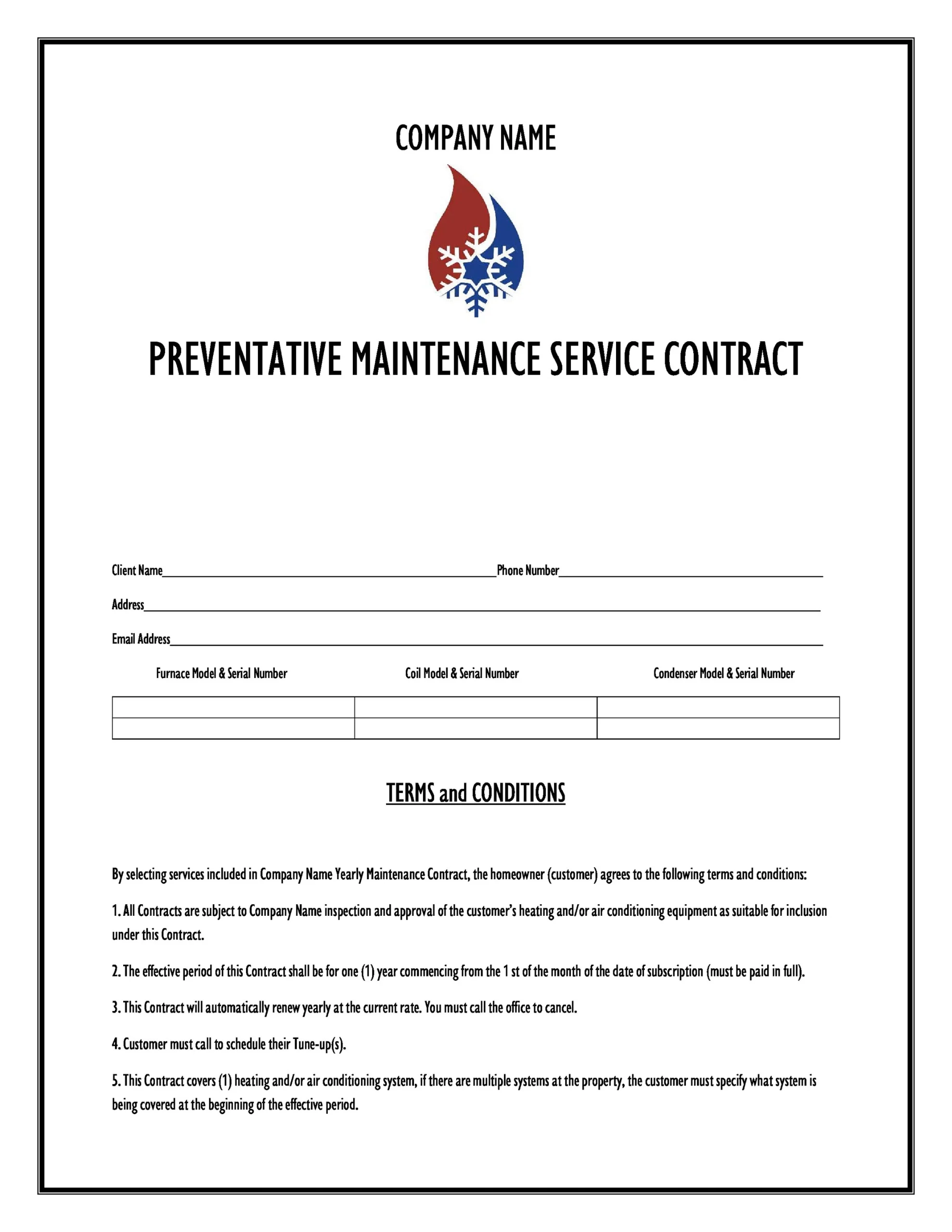 Printable Hvac Maintenance Contract Template