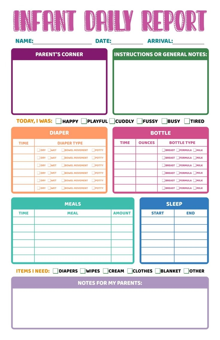 Infant Daily Report Sheets Printables In Pink Blue And Green