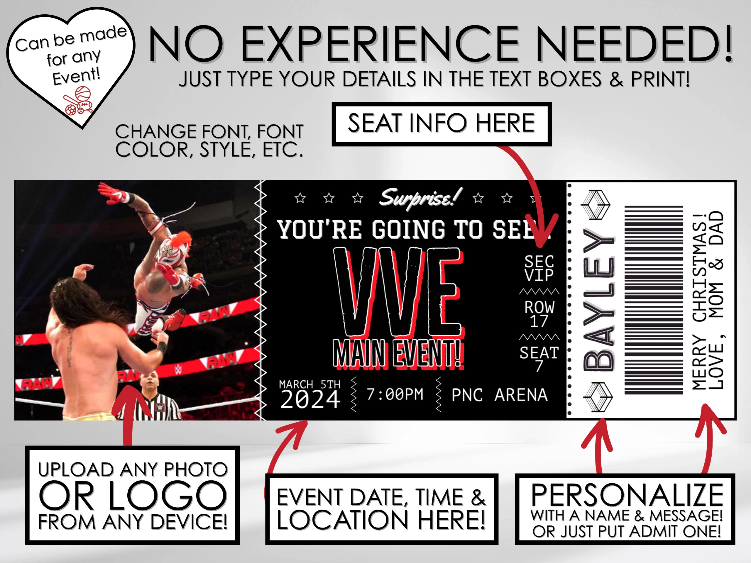 INSTANTLY EDIT Wrestling Or Boxing Event Ticket Stub Template INSTANTLY EDIT Wrestling Or Boxing Event Ticket Stub Template