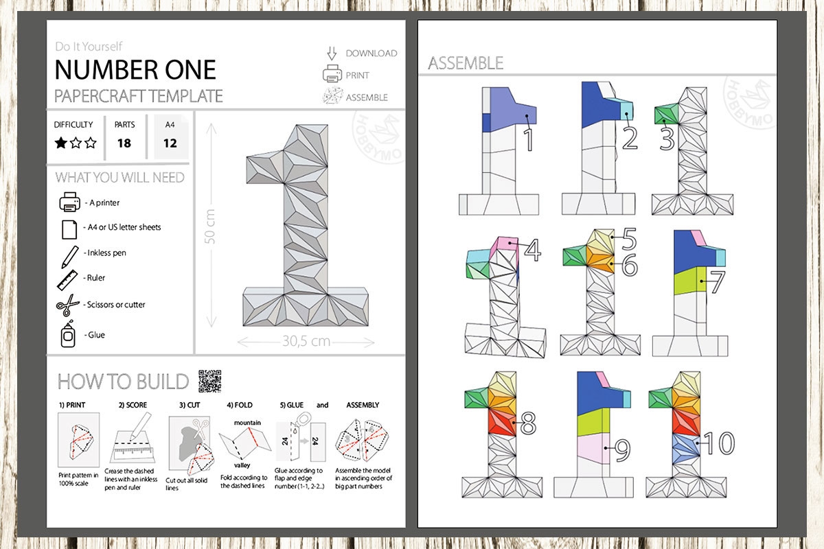 Number One Height 50cm 3D Papercraft Template