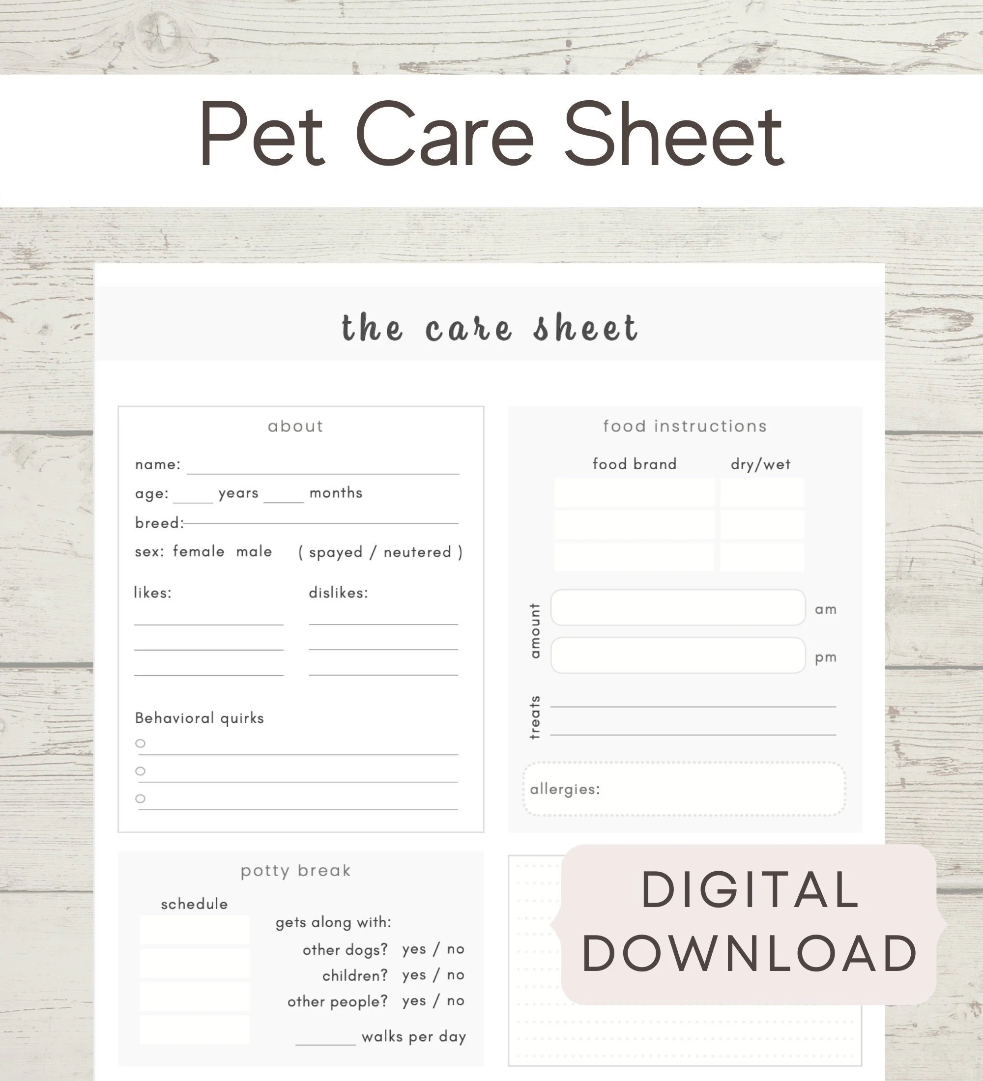 Printable Pet Information Sheet Template