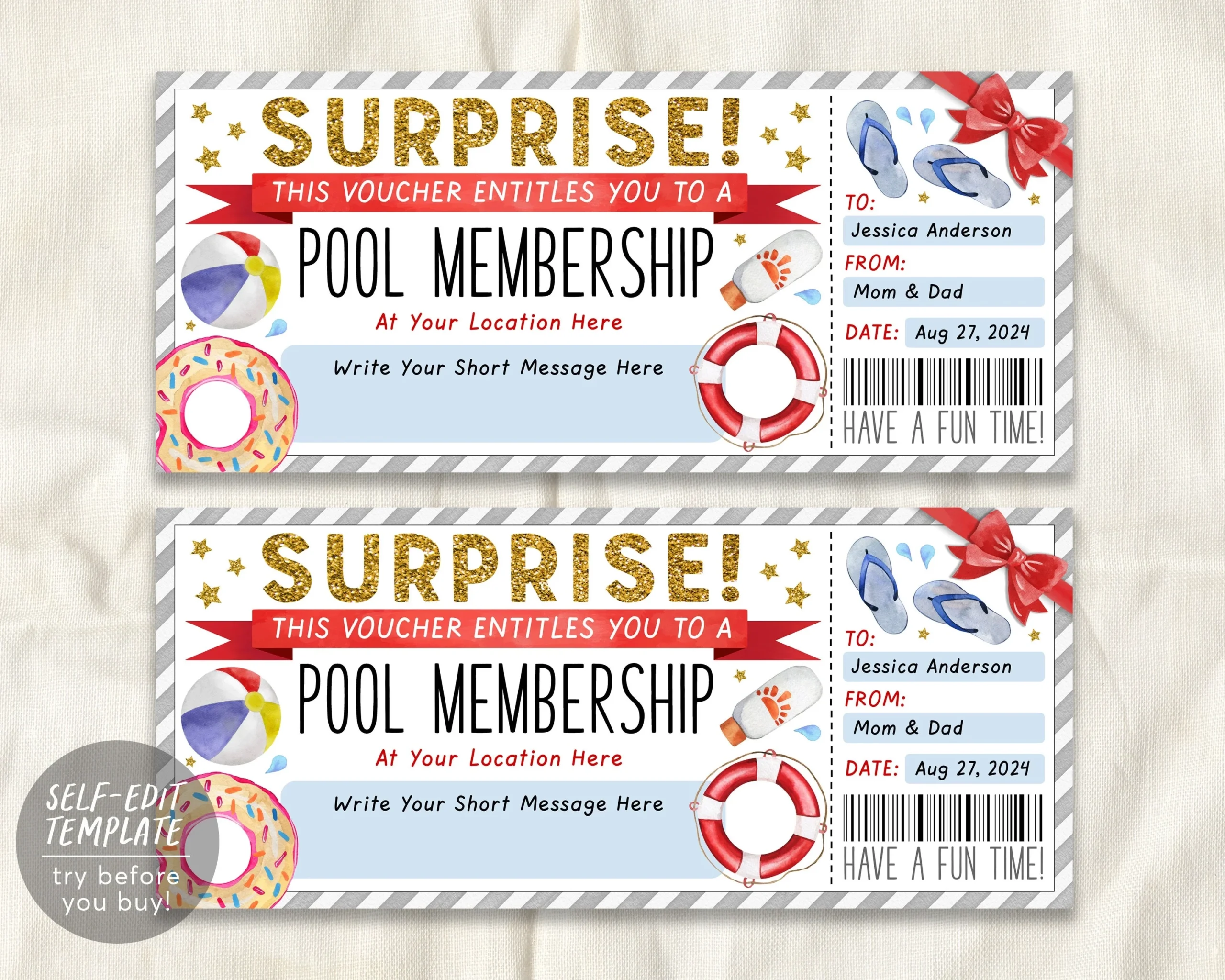 Pool Membership Gift Certificate Ticket Editable Template Surprise Swim Club Season Pass Voucher Coupon Swimming Pool Reveal Any Occasion