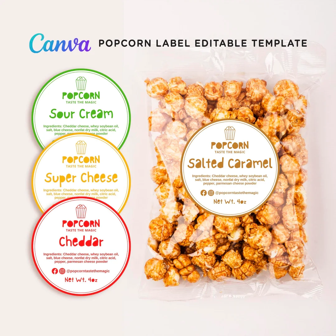 Popcorn Labels Popcorn Logo Popcorn Business Popcorn Templates Printable Product Round Label Food Flavor Label Editable Template Canva Etsy de