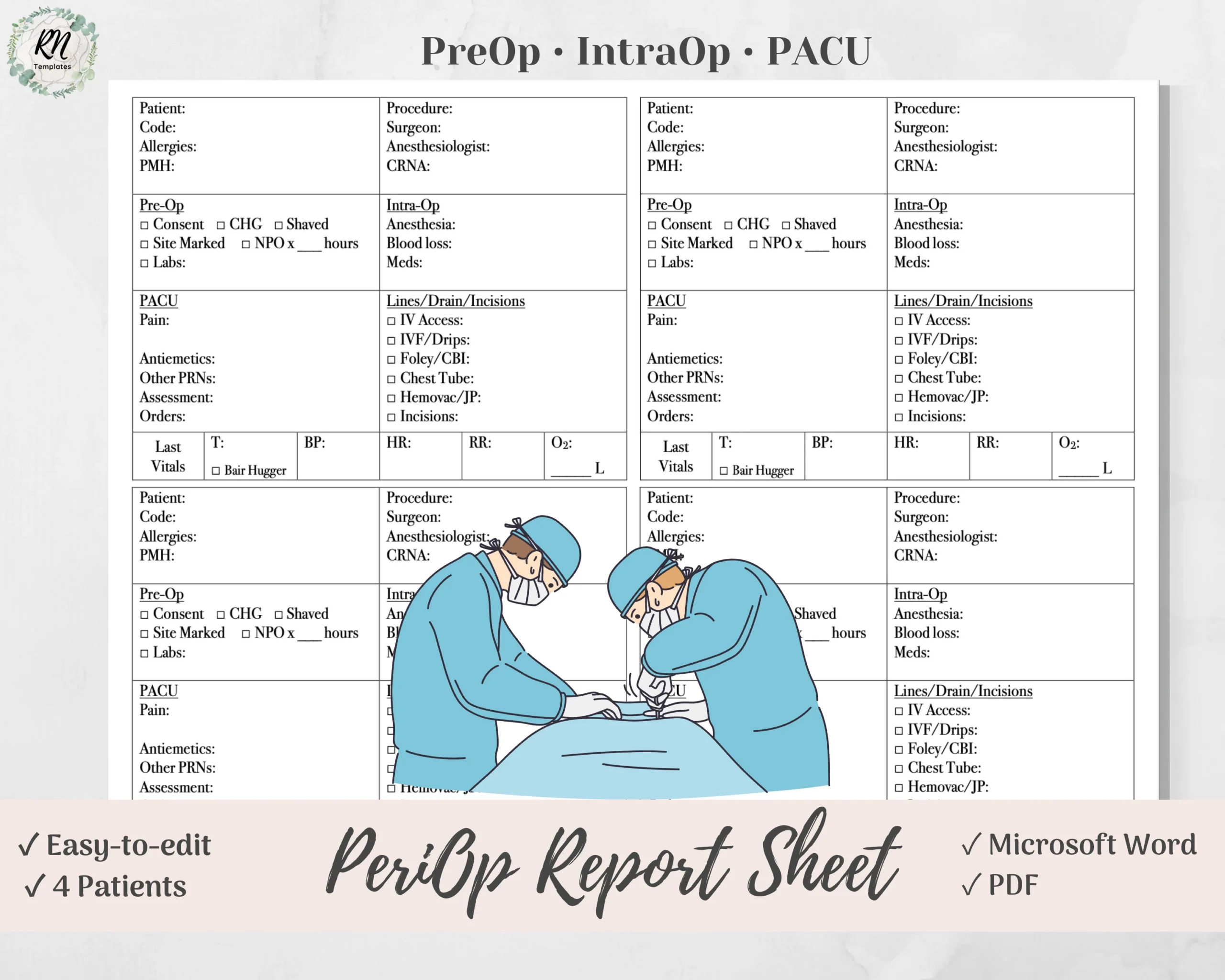 Preop PACU Nurse Report Sheet For 4 Patients Periop Preop Preop PACU Nurse Report Sheet For 4 Patients Periop Preop