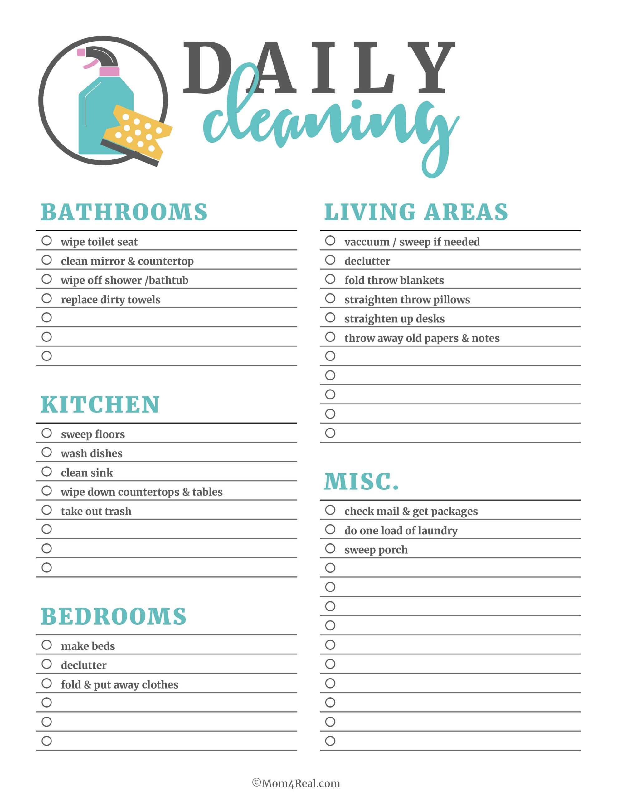 Printable Cleaning Checklists Daily Weekly amp Monthly Tasks 