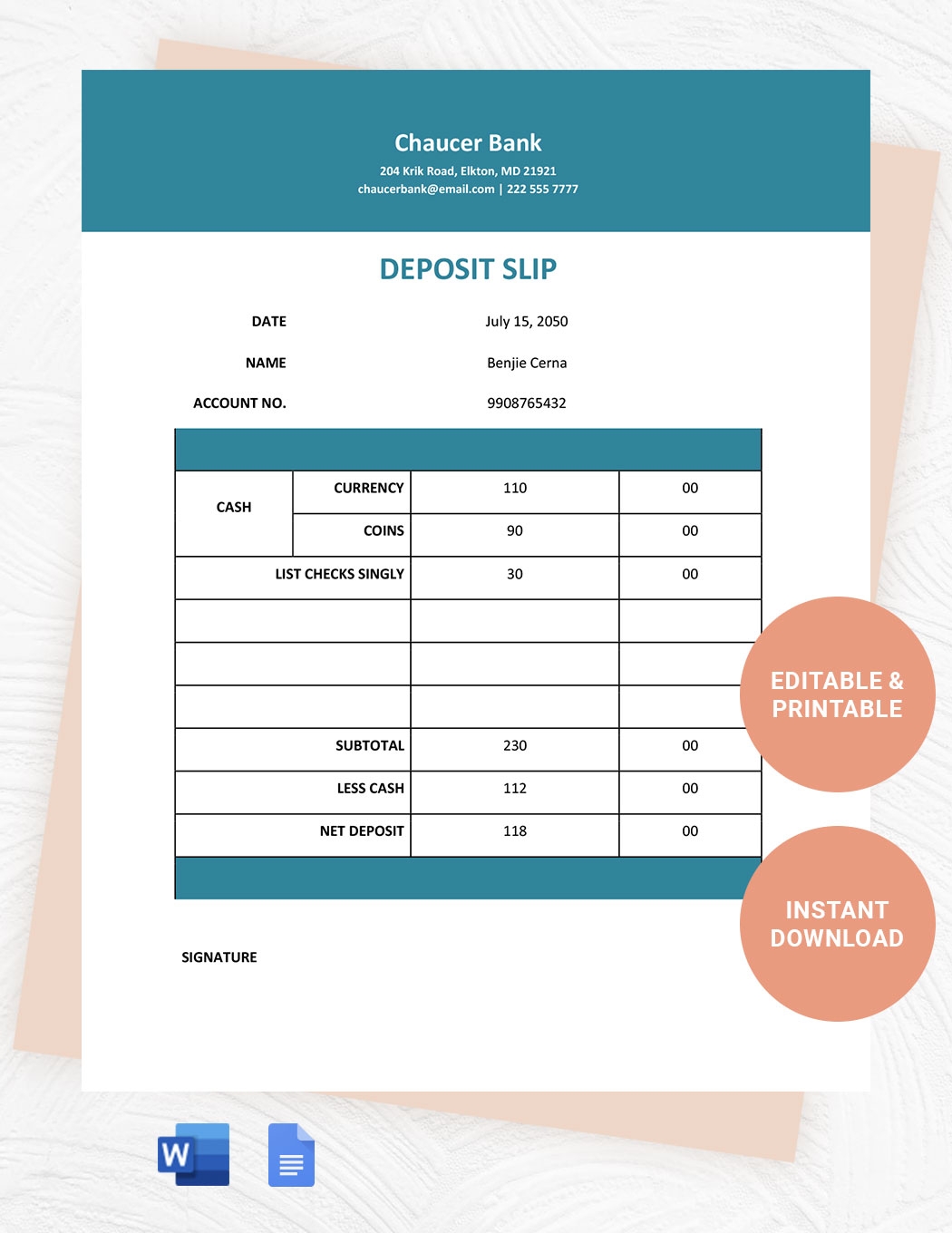 Free Printable Bank Deposit Slip Template