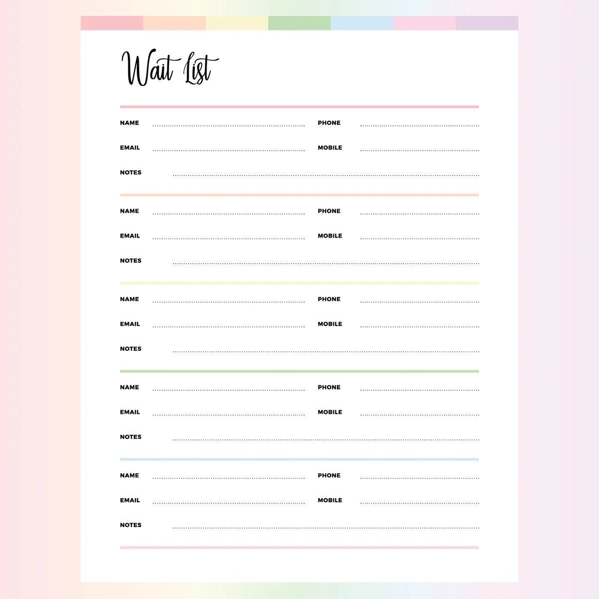 Printable Waiting List Template A4 amp US Letter Sizes Instant 