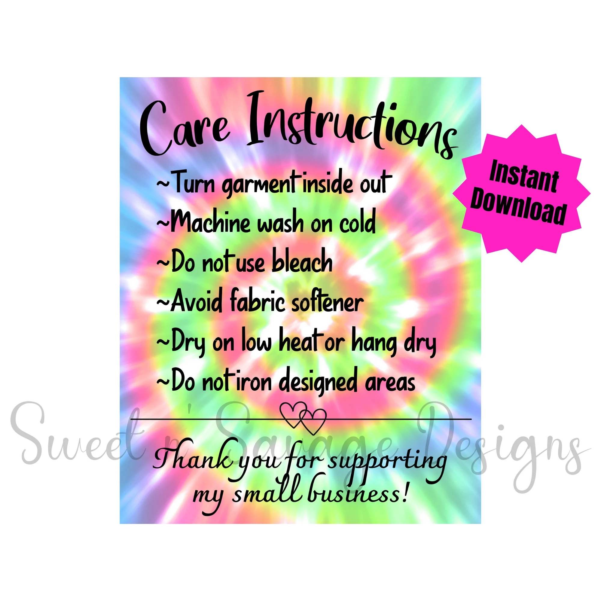 READY To PRINT Shirt Care Instructions Tie Dye Care Cards Tie 