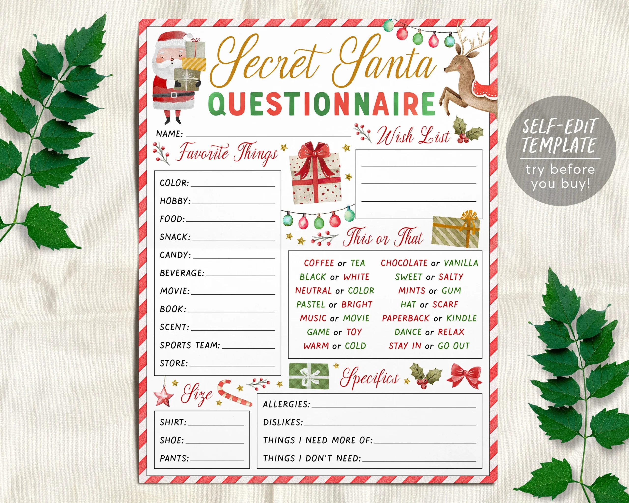 Secret Santa Gift Exchange Questionnaire Editable Template Holiday Christmas Form Present Swap Wishlist Printable Office Santa Party Games