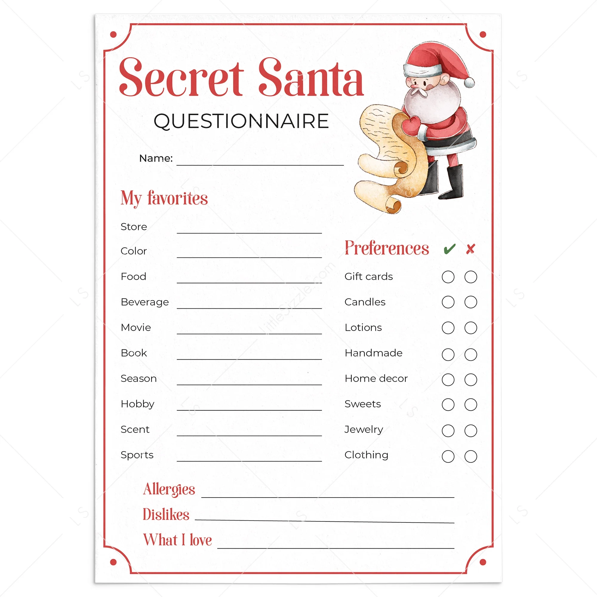 Secret Santa Questionnaire For Gift Exchange Printable