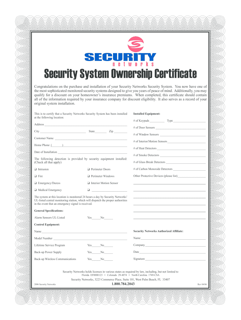 Free Printable Alarm Certificate For Insurance Template